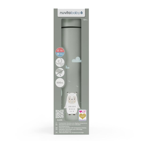 Nuvita nerūdijančio plieno termogertuvė su LED termometru Sage Green, 500 ml