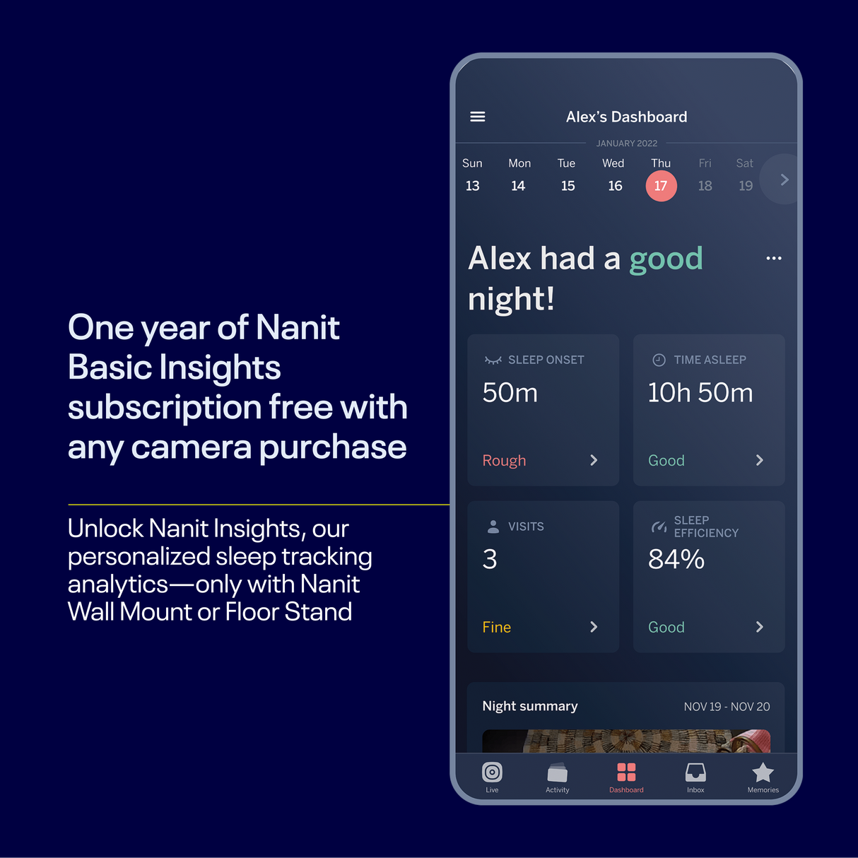 Nanit Pro täielik jälgimissüsteem hingamisliikumise mobiilse lapsehoidjaga, universaalse aluse ja seinakinnitusega ning täielik hingamismonitor