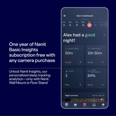 Nanit Pro täielik jälgimissüsteem hingamisliikumise mobiilse lapsehoidjaga, universaalse aluse ja seinakinnitusega ning täielik hingamismonitor