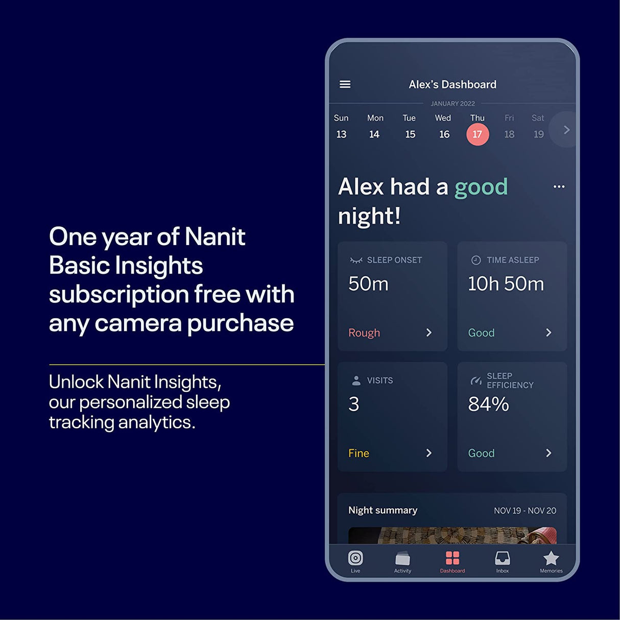 Nanit Pro beebimonitor + põrandaalus mobiilne lapsehoidja alusega, öövalgus ja hingamismonitor