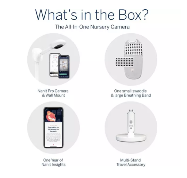 Nanit Pro täielik jälgimissüsteem hingamisliikumise mobiilse lapsehoidjaga, universaalse aluse ja seinakinnitusega ning täielik hingamismonitor