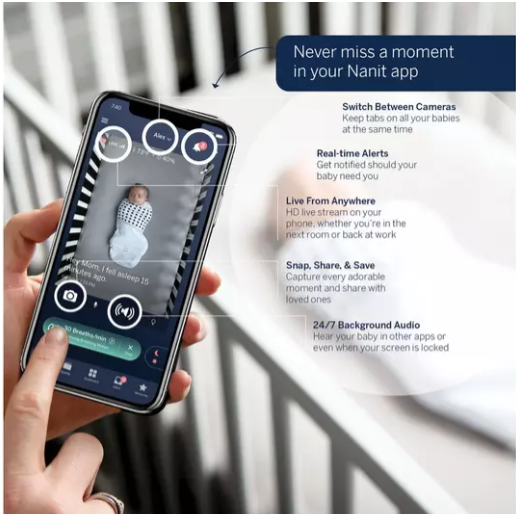 Nanit Pro täielik jälgimissüsteem hingamisliikumise mobiilse lapsehoidjaga, universaalse aluse ja seinakinnitusega ning täielik hingamismonitor